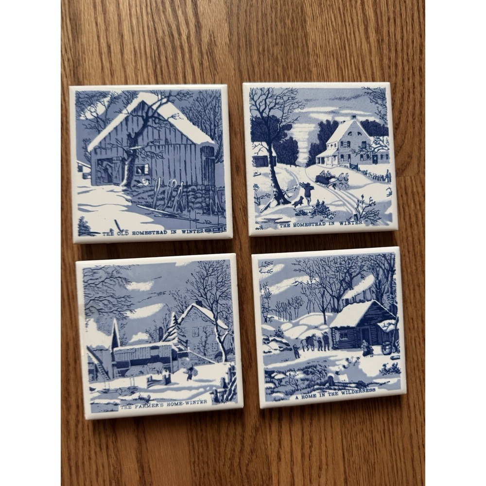 Currier Ives Blue White Winter Scene Ceramic Tile Trivets Set of 4 Vintage